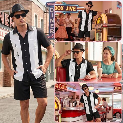 WILDPARTY Men's Matching Set, 1950s Retro Bowling Shirt and Shorts With Hat Glasses Vacation Beach Party Outfit Summer in Saudi Arabia