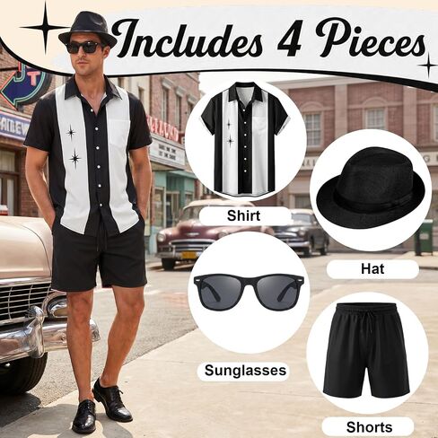 WILDPARTY Men's Matching Set, 1950s Retro Bowling Shirt and Shorts With Hat Glasses Vacation Beach Party Outfit Summer in Saudi Arabia