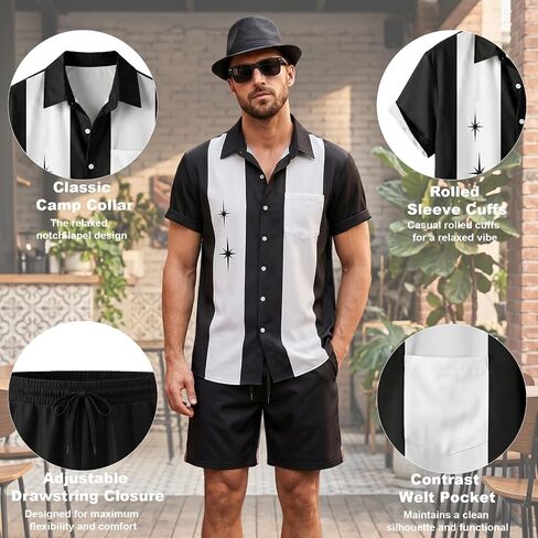 WILDPARTY Men's Matching Set, 1950s Retro Bowling Shirt and Shorts With Hat Glasses Vacation Beach Party Outfit Summer in Saudi Arabia
