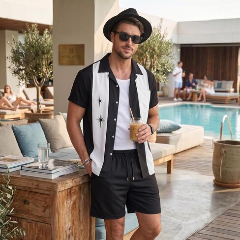WILDPARTY Men's Matching Set, 1950s Retro Bowling Shirt and Shorts With Hat Glasses Vacation Beach Party Outfit Summer in Saudi Arabia