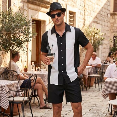 WILDPARTY Men's Matching Set, 1950s Retro Bowling Shirt and Shorts With Hat Glasses Vacation Beach Party Outfit Summer in Saudi Arabia