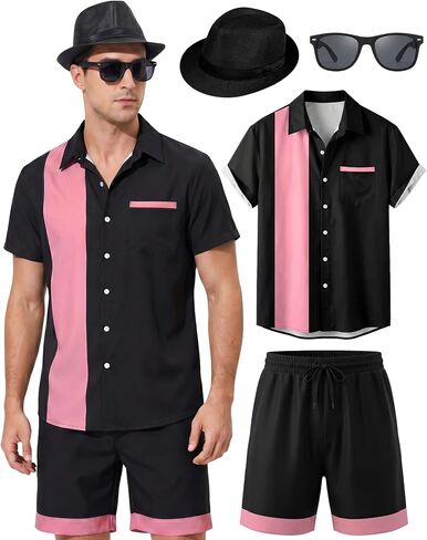 WILDPARTY Men's Matching Set, 1950s Retro Bowling Shirt and Shorts With Hat Glasses Vacation Beach Party Outfit Summer in Saudi Arabia