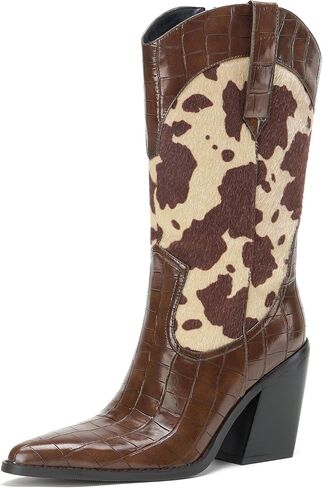Cozivwaiy Women's Western Cowboy Boots Pointed Toe Chunky Block Heel Mid Calf Boots Embossed Animal Print Fashion Boots in Saudi Arabia