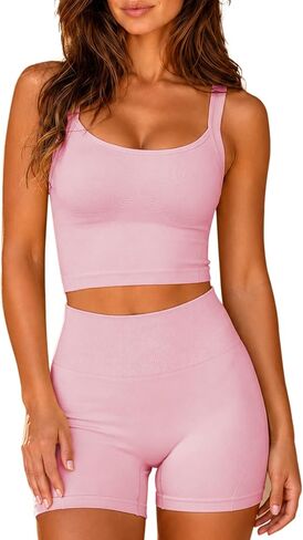 CHYRII Womens Two Piece Workout Sets Longline Tank Top with Built in Bra High Waisted Shorts Gym Set Pilates Outfits in Saudi Arabia