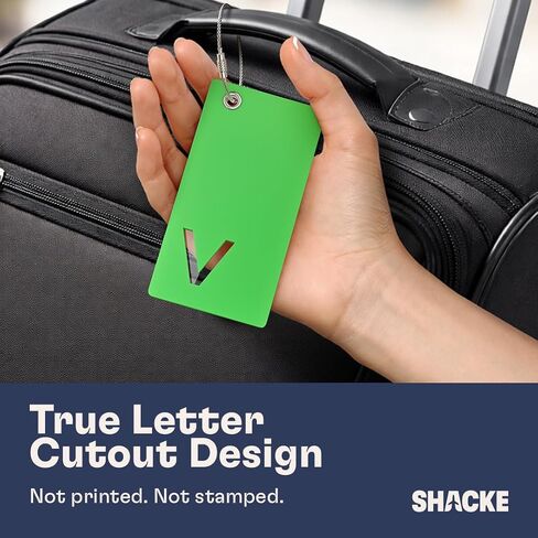 Shacke Luggage Tags with Initial Letter – 2 Pack Suitcase Tags with Privacy Cover, Clear & Privacy Screens, Steel Cable Loops & Zipper Pulls - (Green, V) in Saudi Arabia