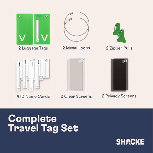 Shacke Luggage Tags with Initial Letter – 2 Pack Suitcase Tags with Privacy Cover, Clear & Privacy Screens, Steel Cable Loops & Zipper Pulls - (Green, V) in Saudi Arabia