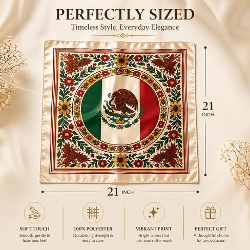 Mexican Flag Bandana – 100% Satin Polyester, Large Bandana for Men & Women | بانديرا دي المكسيك | مثالي للمهرجانات وأيام الموتى وأغطية الرأس والإكسسوارات in Kuwait