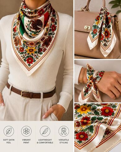 Mexican Flag Bandana – 100% Satin Polyester, Large Bandana for Men & Women | بانديرا دي المكسيك | مثالي للمهرجانات وأيام الموتى وأغطية الرأس والإكسسوارات in Kuwait