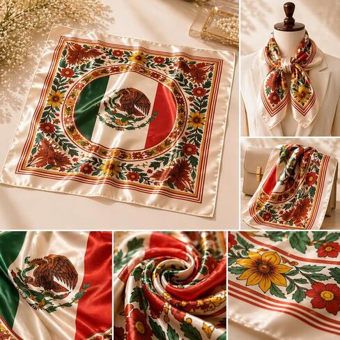 Mexican Flag Bandana – 100% Satin Polyester, Large Bandana for Men & Women | بانديرا دي المكسيك | مثالي للمهرجانات وأيام الموتى وأغطية الرأس والإكسسوارات in Kuwait