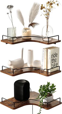 L-Shaped Corner Floating Shelves Set of 3,Rustic Wood Wall Mounted Storage Shelves,Display Shelf for Bathroom, Kitchen,Bedroom, Living Room, Office (Brown) in Saudi Arabia