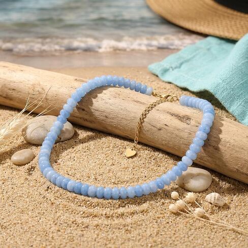 Blue Chalcedony Beaded Necklaces for Women,Bead Gemstone Choker Natural Stone Necklace Boho Handmade Beach Choker Trendy Jewelry Gift in Kuwait