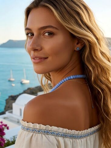 Blue Chalcedony Beaded Necklaces for Women,Bead Gemstone Choker Natural Stone Necklace Boho Handmade Beach Choker Trendy Jewelry Gift in Kuwait