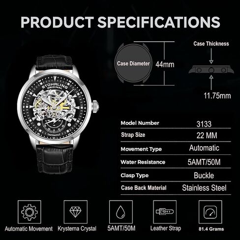 Stuhrling Original Mens Automatic Skeleton Watch - Leather Strap, Mechanical Executive Watch in Kuwait