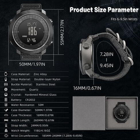 CakCity Digital Watch Military Tactical Watches for Men, 50mm Large Face Zinc Alloy Case with Breathable Double-Layer Nylon Strap, 5ATM Waterproof Shockproof, Altimeter, Barometer, Thermometer, Dual Time, Compass, Alarm, Stopwatch, Countdown in Saudi Arabia