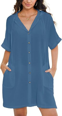 Breezy Lane Women Swimsuit Cover Ups Button Down Beach Shirt Hooded Bathing Suit Coverups Swimwear With Pockets in Saudi Arabia