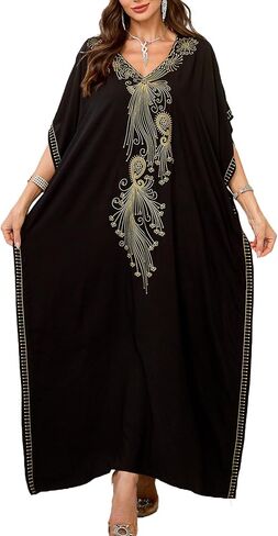 Women Embroidery V Neck Kaftan Casual Beach Wear Cover Up Side Split Long Dress in Saudi Arabia