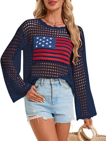 shermie Women's American Flag Swimsuit Cover Up Scoop Neck Long Sleeve Crochet Top in Saudi Arabia