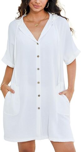 Breezy Lane Women Swimsuit Cover Ups Button Down Beach Shirt Hooded Bathing Suit Coverups Swimwear With Pockets in Saudi Arabia