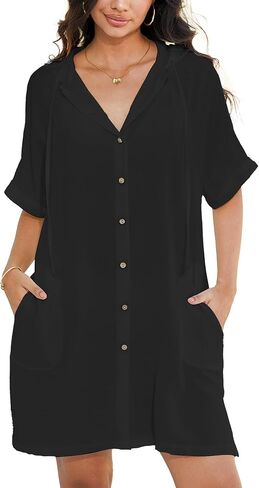 Breezy Lane Women Swimsuit Cover Ups Button Down Beach Shirt Hooded Bathing Suit Coverups Swimwear With Pockets in Saudi Arabia