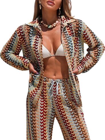 ZAFUL Womens Beach Cover Up Summer Lightweight Cardigans Crochet Boho Swimsuit Cover Up Long Sleeve Cardigans Beach Wear in Kuwait