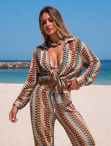 ZAFUL Womens Beach Cover Up Summer Lightweight Cardigans Crochet Boho Swimsuit Cover Up Long Sleeve Cardigans Beach Wear in Kuwait