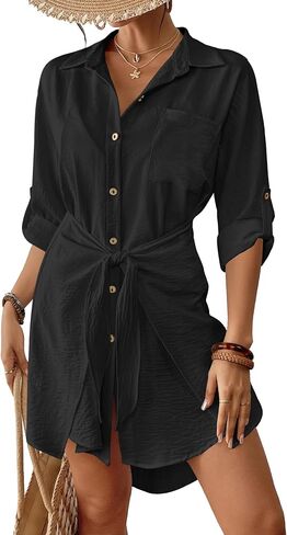 Bsubseach Womens Swimsuit Coverup Modern Button Down Beach Cover Ups Long Sleeve Shirt Dress Summer Blouse with Tie in Kuwait