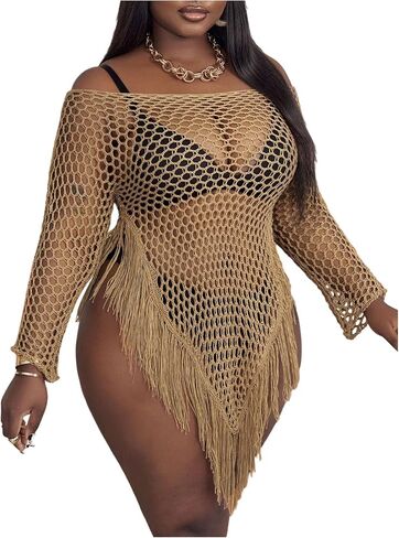 WDIRARA Women's Plus Size Crochet Off The Shoulder Cover Ups Long Sleeve Asymmetrical Fringe Trim Coverup Mini Dresses in Kuwait