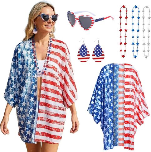Women American Flag Kimono 4th of July Summer Beach Cover Up Lightweight Cardigan V-Neck Outfits with Accessory Set in Saudi Arabia