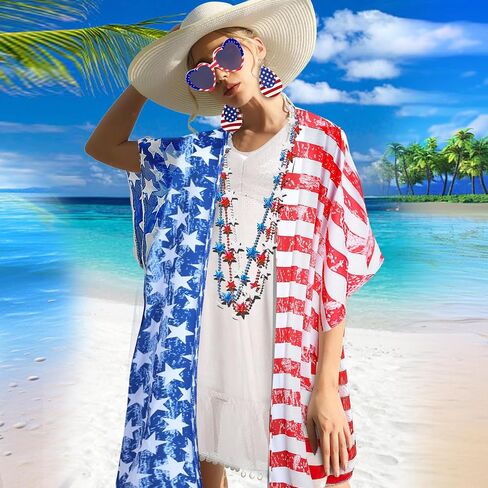 Women American Flag Kimono 4th of July Summer Beach Cover Up Lightweight Cardigan V-Neck Outfits with Accessory Set in Saudi Arabia