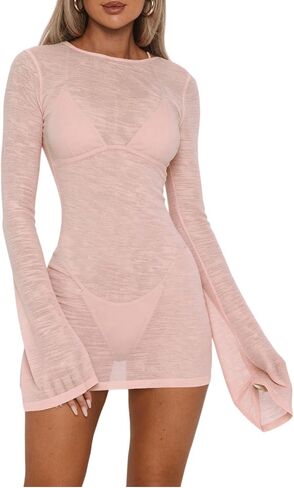 YOXUA Women's Sexy Backless Cover Up Swimsuit Long Sleeve Coverups Swim Beach Mesh Outfits Vacation Bathing Suits in Saudi Arabia