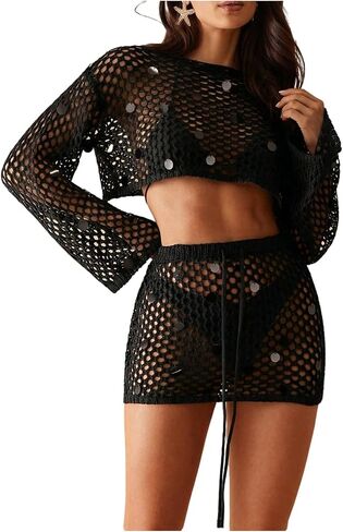 MakeMeChic Women's Crochet Cover Up Top Long Sleeve Sequin Hollow Out Cropped T Shirt Vacation Outfits in Saudi Arabia