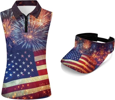POLERO American Flag Womens Golf Shirt and Visor Hat Sleeveless Tennis Shirts Moisture Wicking Outfits in Saudi Arabia
