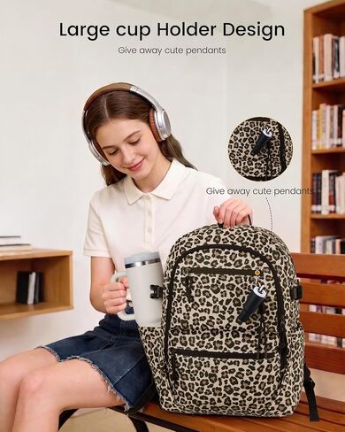 LOVEVOOK Laptop Backpack with Cute Pendant,15.6 Inch Travel Work Backpack Computer Laptop Bag with Large Cup Holder,Waterproof Nurse Teacher College Backpack Purse,Gifts for Women & Men, Leopard print in Kuwait