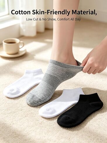 6 Pairs Low Cut Ankle Socks for Women Men, Silicone Anti-Slip No Show Socks with Soft Breathable Cotton Cushioned Heel, Fit US Size 6-10.5/6-9.5, Black White Grey in Kuwait
