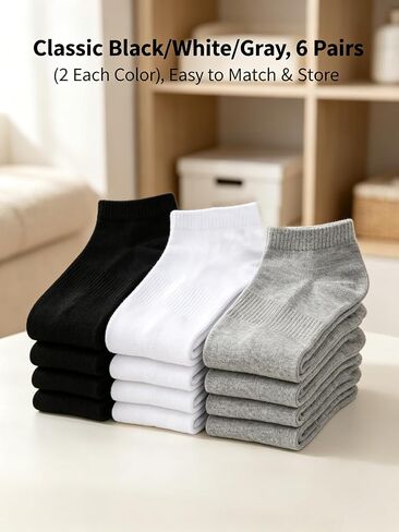 6 Pairs Low Cut Ankle Socks for Women Men, Silicone Anti-Slip No Show Socks with Soft Breathable Cotton Cushioned Heel, Fit US Size 6-10.5/6-9.5, Black White Grey in Kuwait