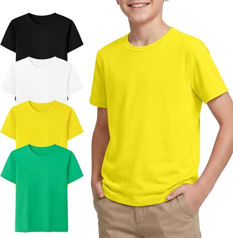 Cooraby 4 Pack Boys Shirts Short Sleeve Crewneck T-Shirts Kids Casual Tees Summer Soft Tops Clothes 5-14 Years in Kuwait