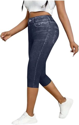 lcziwo Womens Jean Leggings High Waisted Butt Lifting Capri Jeans Jeggings Elastic Waist Skinny Gym Fake Denim Pants in Saudi Arabia
