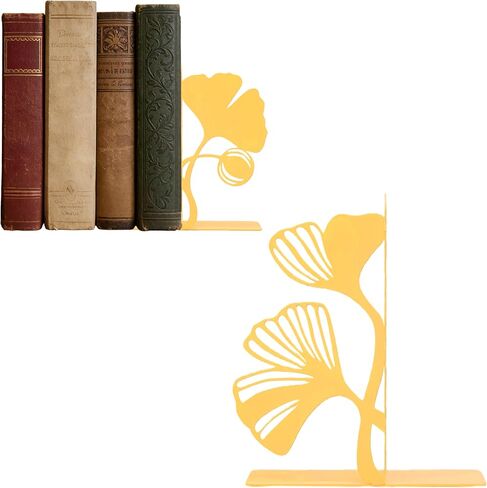 Ginkgo Leaf Metal Bookends, Yellow Botanical Plant Decorative Book Ends for Bookshelf, Cute Unique Bookends for Reading Room Kitchen Office Bathroom Living Room, Bookend Home Decor in Saudi Arabia