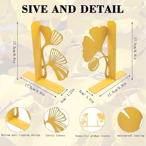 Ginkgo Leaf Metal Bookends, Yellow Botanical Plant Decorative Book Ends for Bookshelf, Cute Unique Bookends for Reading Room Kitchen Office Bathroom Living Room, Bookend Home Decor in Saudi Arabia