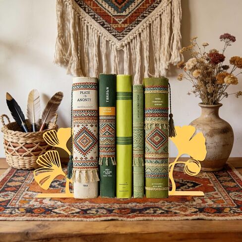 Ginkgo Leaf Metal Bookends, Yellow Botanical Plant Decorative Book Ends for Bookshelf, Cute Unique Bookends for Reading Room Kitchen Office Bathroom Living Room, Bookend Home Decor in Saudi Arabia