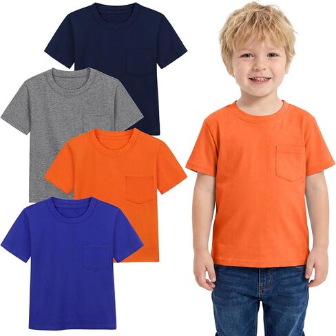 Poroka Toddlers and Boys' Short-Sleeve T-Shirts Cotton Crew Neck Tee Baby Short-Solid Pocket T-Shirts with Pocket 4 Pack in Kuwait