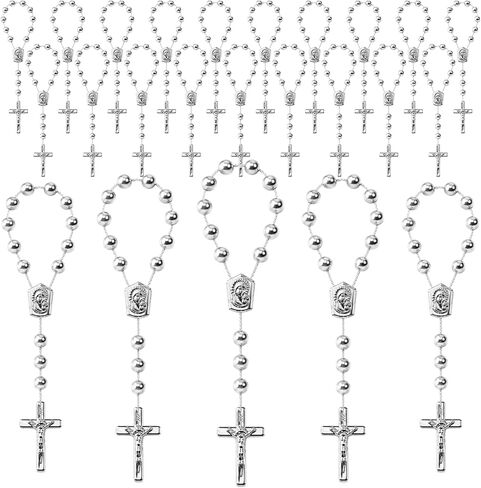 XIPENGKEJI 24 Pcs Silver Mini Rosary Favors, Plastic Rosary with Pearl-Look Beads and Crucifix, Baptism Favors for First Communion Church Gifts, Wall Crosses in Saudi Arabia