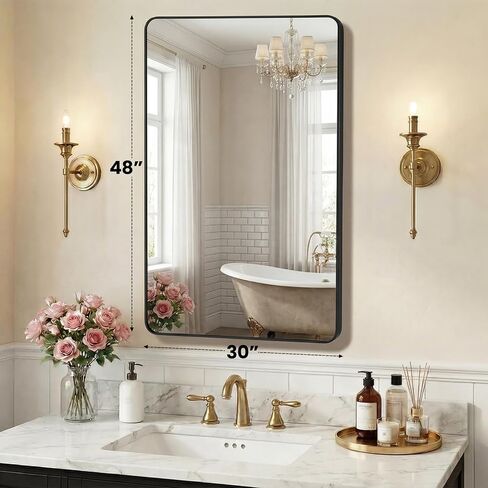 NEWBULIG 30X48 Inch Bathroom Mirror, Rectangle Wall Mirror with Rounded Corners, Black Vanity Mirrors for Bathroom Sink with Metal Frame for Bedroom, Entryway, Hangs Horizontally or Vertically in Saudi Arabia