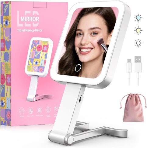 Travel Makeup Mirror with Lights 10X/1X Double-Sided Magnifying LED Beauty Mirror Rechargeable Portable Vanity Mirror with 3 Color Lighting Smart Touch Dimming Desktop Handheld Hanging (Pink) in Saudi Arabia