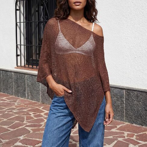 Sheer Poncho Tops for Women Lightweight Crochet Knit See Through Shawl 2026 Summer Bathing Suit Beach Cover Up in Saudi Arabia