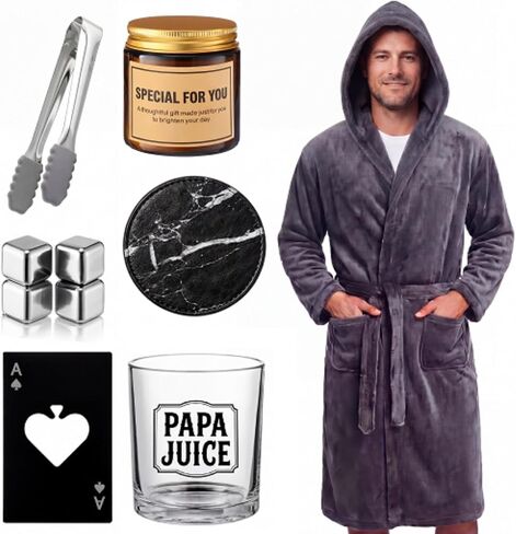 Twistover 10 Pcs Papa Gift for Men, Best Dad Gift Set for Father's Day Grandpa Papa, Luxury Birthday Basket Set with Hooded Bathrobe, Whiskey Glass & Stones, Scented Candle, Men's Spa Kit in Kuwait
