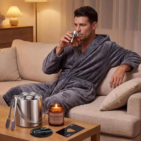 Twistover 10 Pcs Papa Gift for Men, Best Dad Gift Set for Father's Day Grandpa Papa, Luxury Birthday Basket Set with Hooded Bathrobe, Whiskey Glass & Stones, Scented Candle, Men's Spa Kit in Kuwait