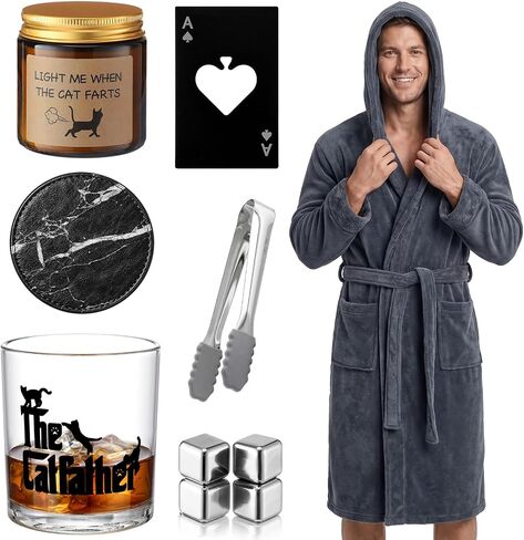 Twistover 10 Pcs Papa Gift for Men, Best Dad Gift Set for Father's Day Grandpa Papa, Luxury Birthday Basket Set with Hooded Bathrobe, Whiskey Glass & Stones, Scented Candle, Men's Spa Kit in Saudi Arabia