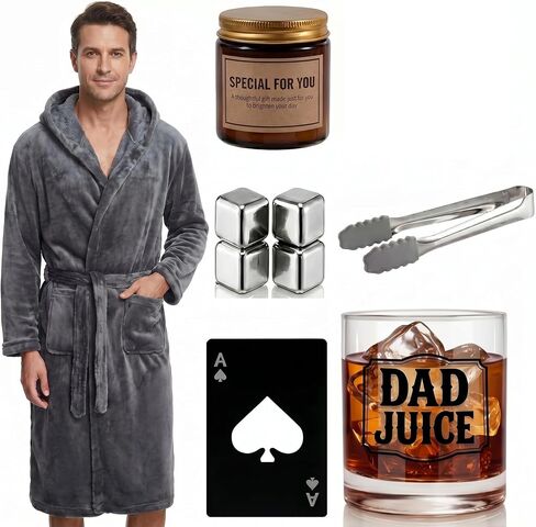 Twistover 10 Pcs Papa Gift for Men, Best Dad Gift Set for Father's Day Grandpa Papa, Luxury Birthday Basket Set with Hooded Bathrobe, Whiskey Glass & Stones, Scented Candle, Men's Spa Kit in Kuwait
