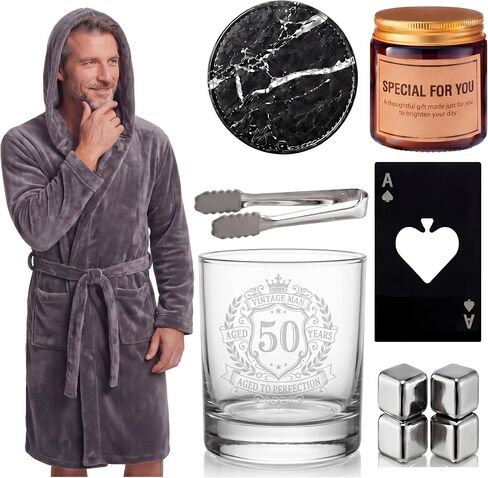 Twistover 10 Pcs Papa Gift for Men, Best Dad Gift Set for Father's Day Grandpa Papa, Luxury Birthday Basket Set with Hooded Bathrobe, Whiskey Glass & Stones, Scented Candle, Men's Spa Kit in Kuwait